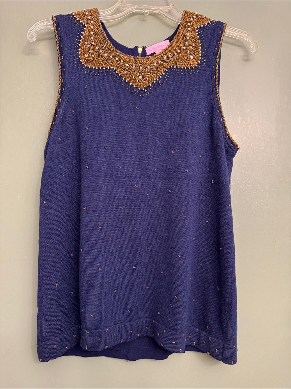 Lilly Pulitzer Navy Sleeveless Beaded Knit Top with Gold Embellished Neck